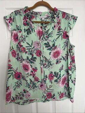 Counterparts Mint Floral Tie-Neck Flutter Sleeve Blouse  As Is in Good Condition